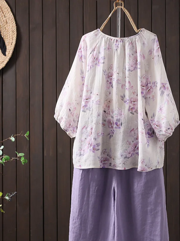 

Summer New Vintage V-Ne Printed Linen Five-Sve T-irt Women Casual Loose Overhead Slimming Top Commute Sle Regular Sl...