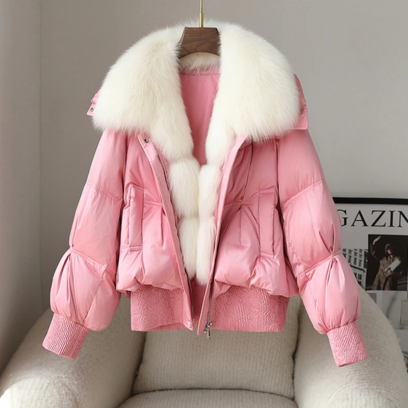 New Short Fox Fur Grass Coat 2023 Winter Women's 90%White Goose Down Jacket Fashion Female Warm Thicken Bread Parkas Outwear