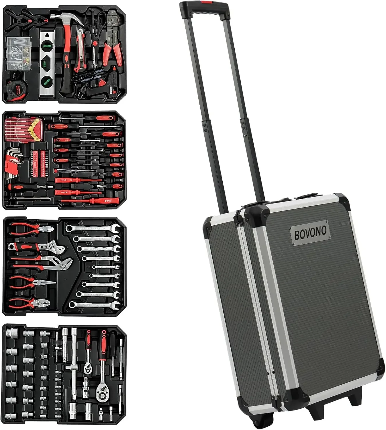 688 PCS  with Rolling Tool Box, Household Kit with Aluminum Trolley Case, Repair Mechanic Sets Portable Hand Set