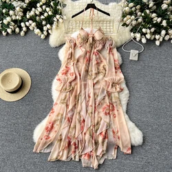 Women Chic asymmetrical Ruffle print Slim Dress Vintage Fashion Vestido Elegant summer loose sweet chiffon dresses