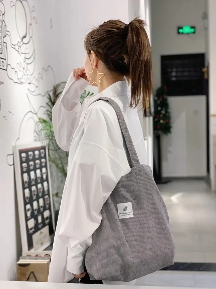 Corduroy Shopping Bag for Women 2024 Female Girls Casual Handbags Soft Reusable Fabric Affordable Shopper Shoulder Totes Bags