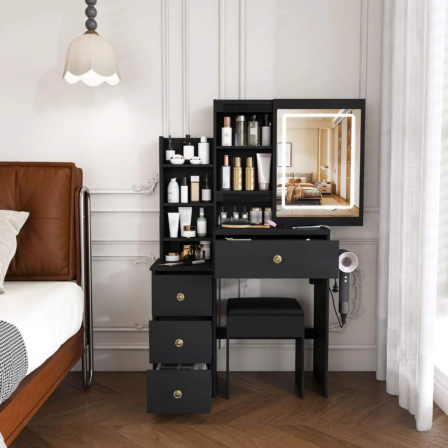 Black LED Vanity Set Mirror Stool 3-in-1 Compact Makeup Desk Drawers Storage Small Bedroom Narrow Space Modern, Customized