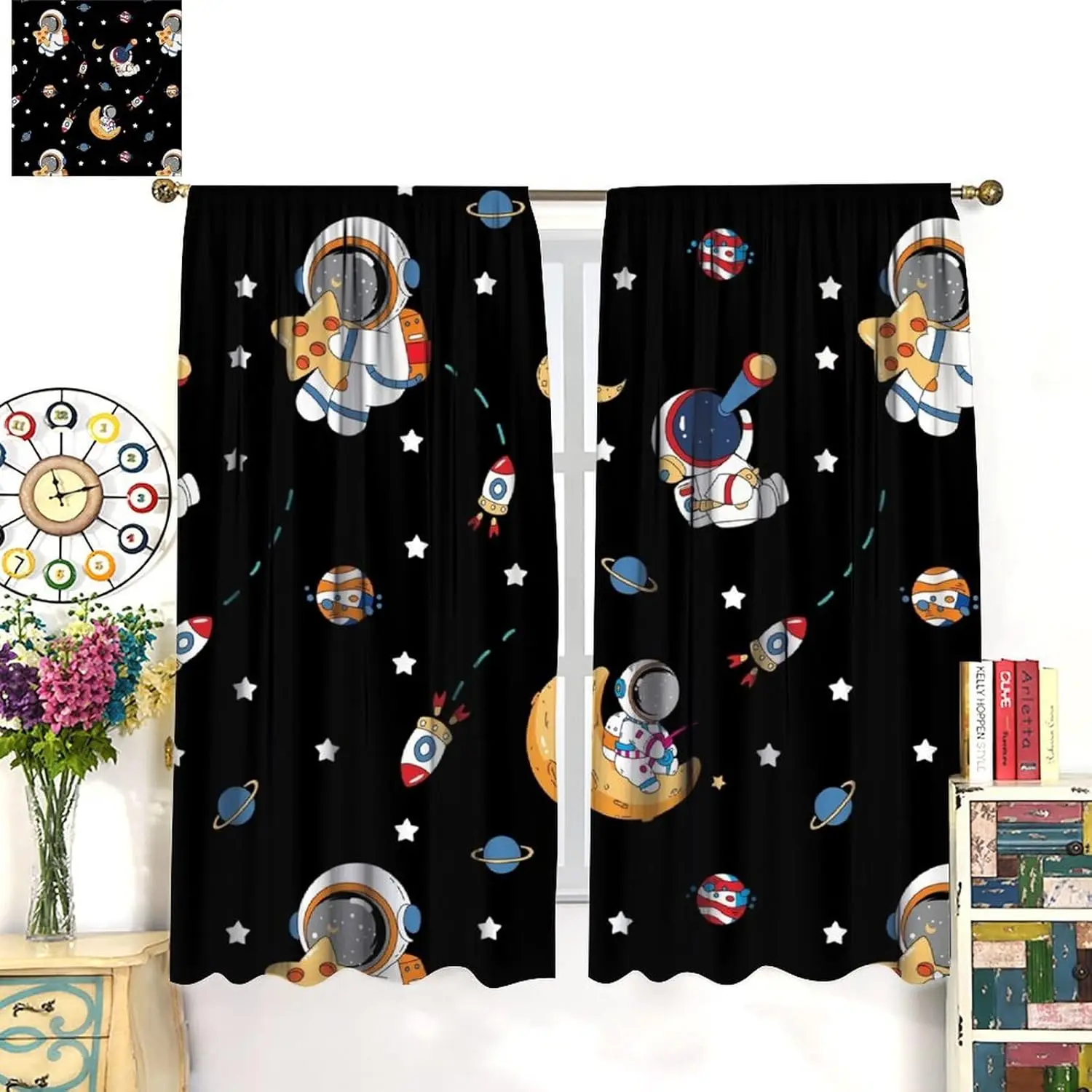 Blue Starry Sky Curtains,Fantasy Night Sky Cloud Galaxy Romantic Moon Starry Scenery Print Rod Pocket Window Treatments for Kids