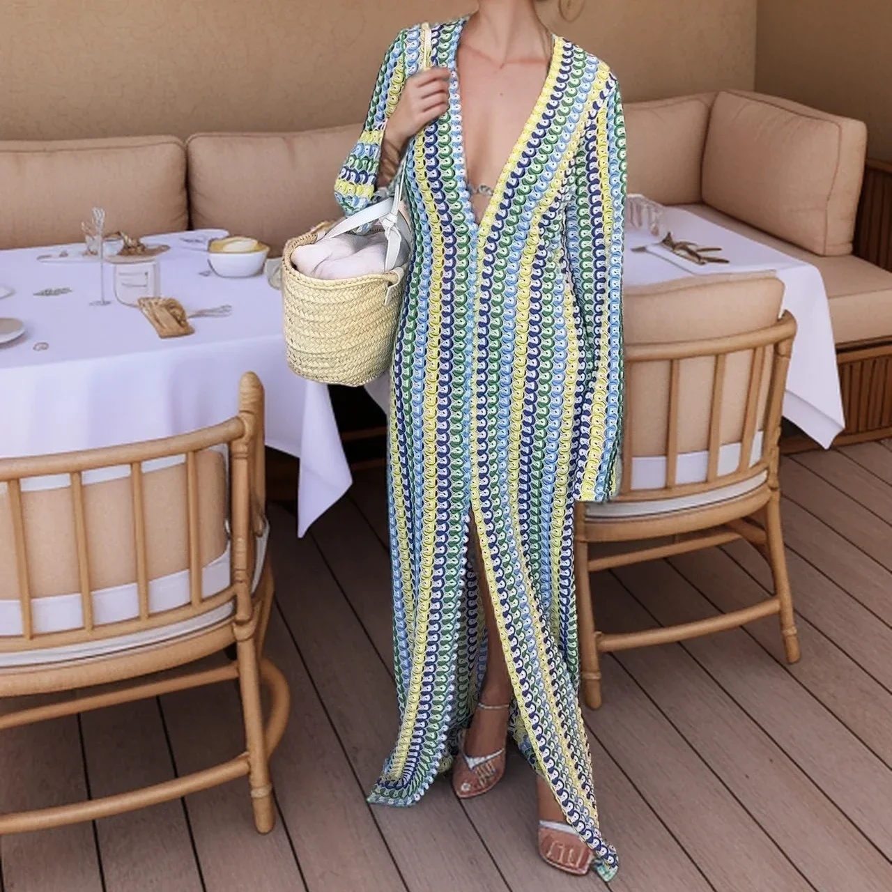 Sexy Rainbow Dress Women Print Deep V Neck Split Long Dresses Hollow Out Long Y2k Tops Knitted Elegant Party Club Vestidos