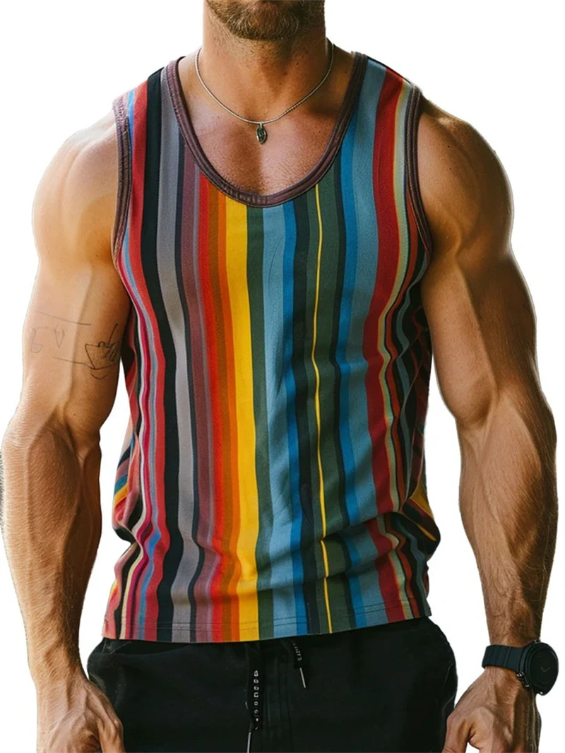 Simple Stripe 3D Printed Tank Tops For Men Fashion Summer Sleeveless Casual Sports Vest Retro Quick Dry Breathable Oversized Tee