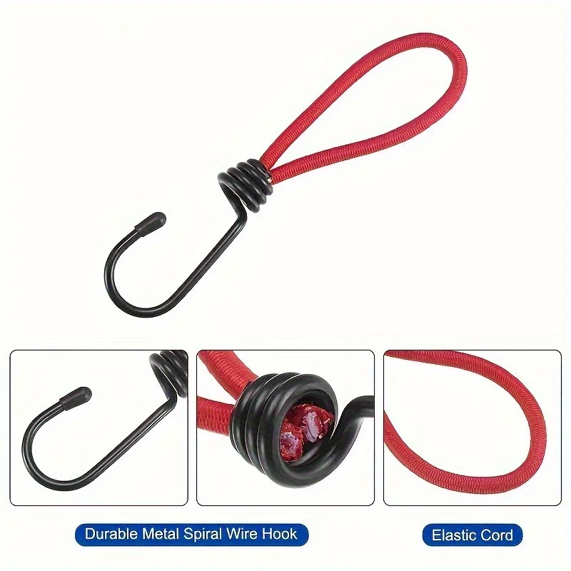4pcs Heavy-Duty Elastic Bungee Cords with Iron Spiral Hooks, - Flexible Nylon for RV Camping, Tents, Tarps & Canopies - Durable
