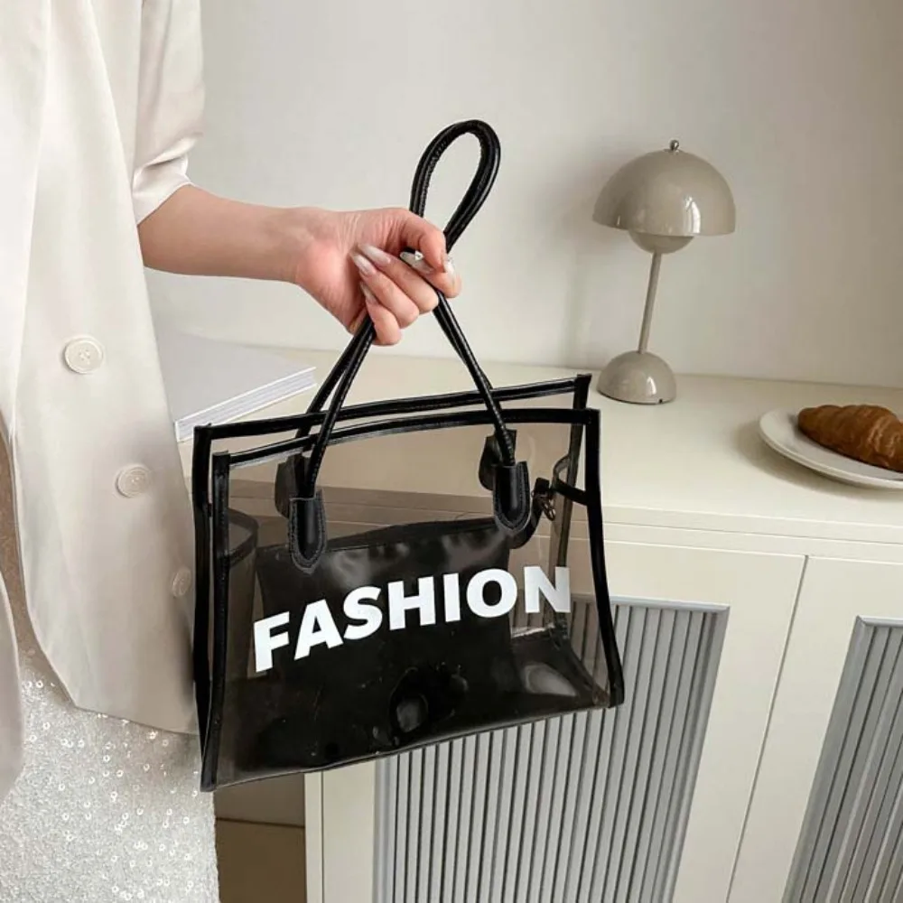 2pcs/set Large Capacity Transparent Jelly Bag PU Leather Fashion Clear PVC Handbag Storage Pouch Waterproof