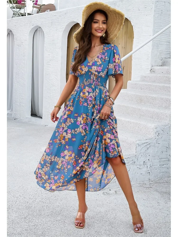 فستان شيفون للنساء فساتين الحفلات الأنيقة مثير الخامس الرقبة قصيرة الأكمام الأزهار طباعة فستان طويل غير رسمي 2025 صيف جديد رداء فام #5