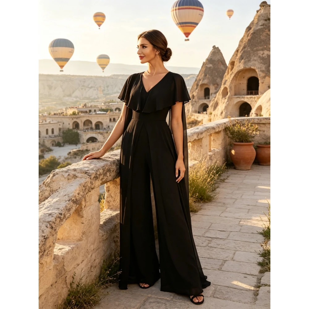 Customized Elegant Black V-neck Pleated Wide Leg Jumpsuit 2026 New Collection Waist Cinching Exquisite Straight Leg Evening Gown