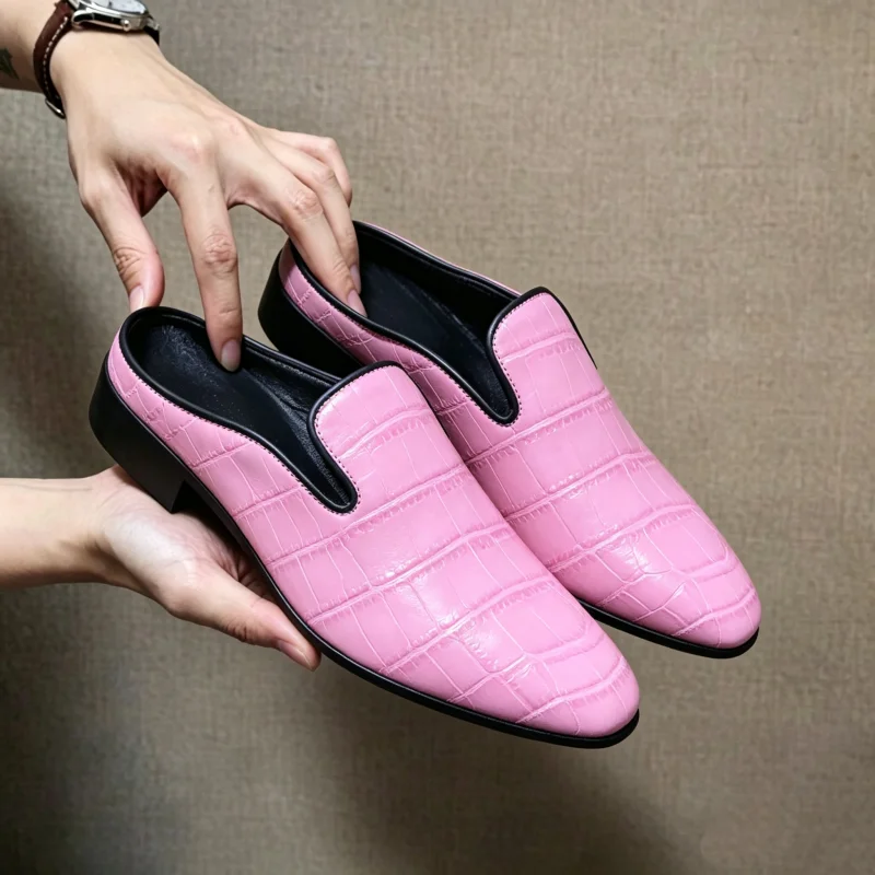 Men's Glossy Embossed Mules Backless Loafers Metallic Color Block Heel Slip on Half Slippers Party Dress Shoes Big Size