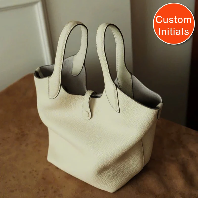 

Genuine Leather Bucket Bags For Women Luxury Designer Handbags And Purses 2025 New In Cowhide Button With Inner Pocket Shoulder