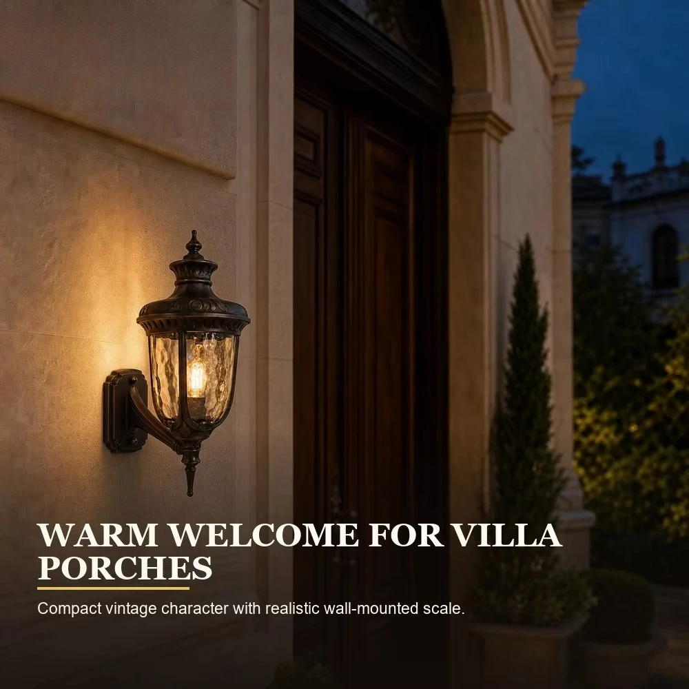 Waterproof Vintage Copper Outdoor Wall Lamp E27 Water Ripple Glass Sconce 3000K Warm Light for Villa Garden Entryway