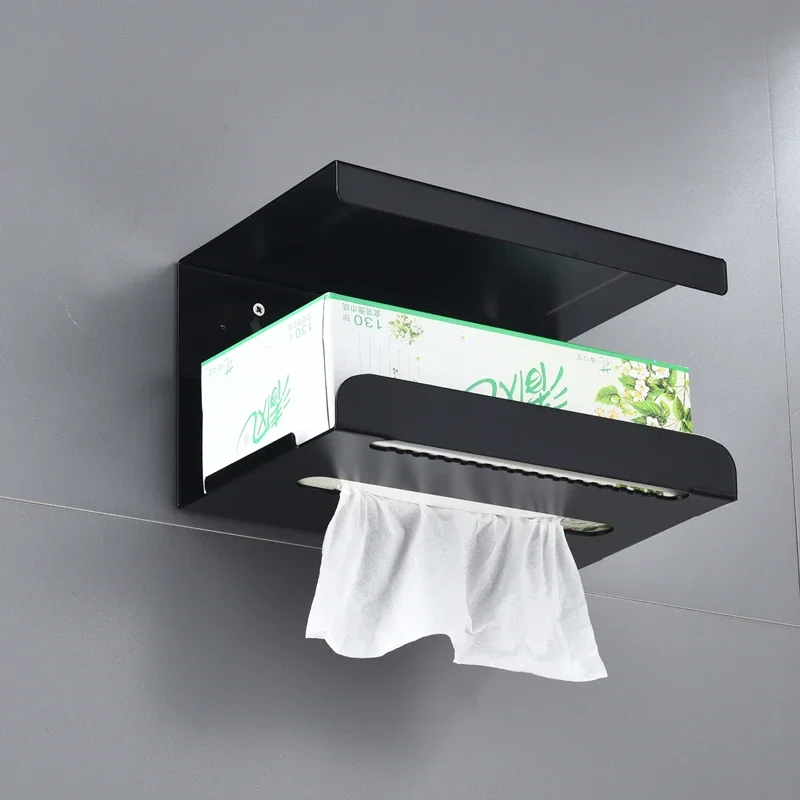 Black Aluminum Rustproof Bathroom Toilet Paper Holder with Phone Shelf, Wall Mounted Tissue Storage Rack Tissue Box Organizer