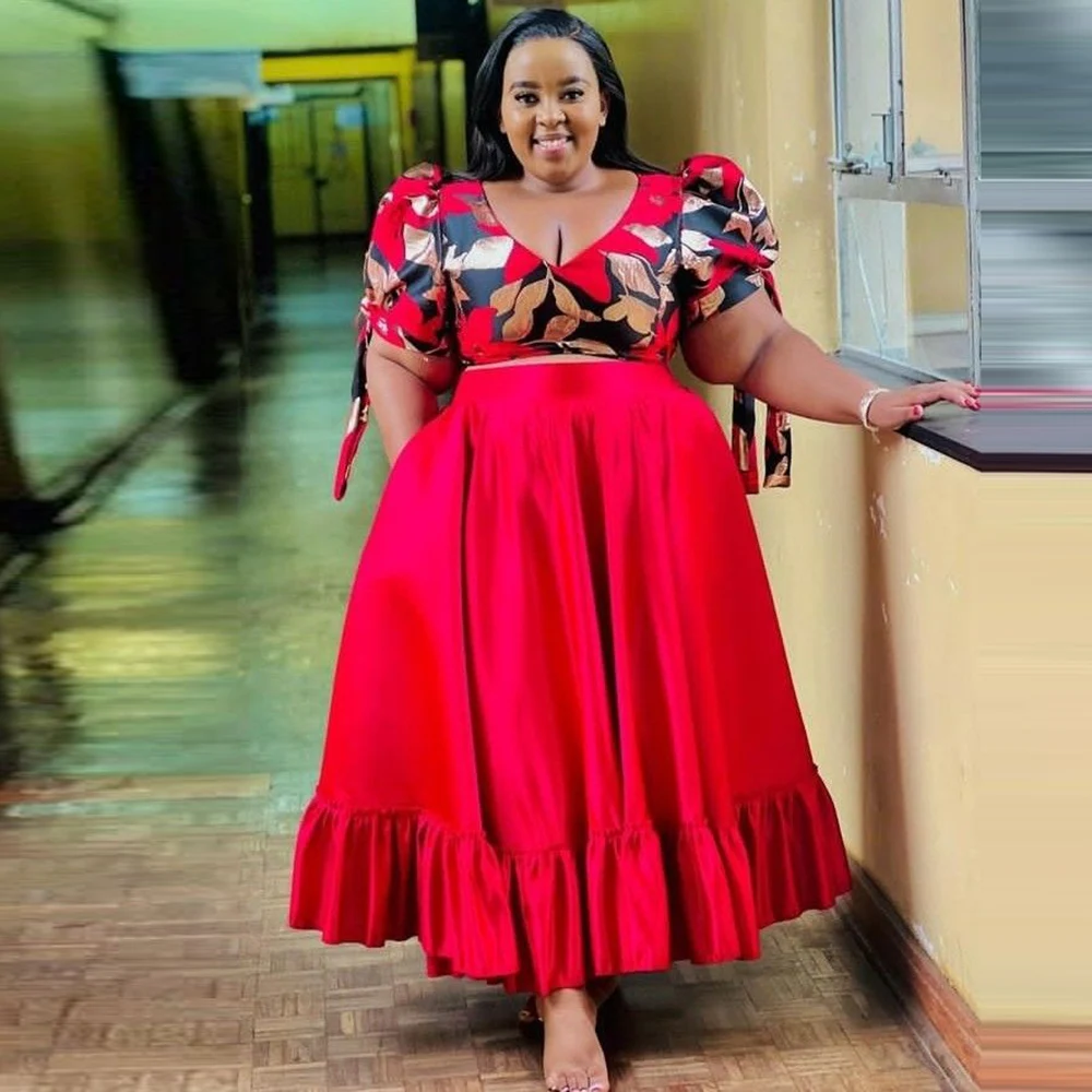 

Red Plus Size Satin Skirts With Pockets Lady High Waist Skirt Girls Birthday Party Skirt Ruffles A Line Women Formal Wear