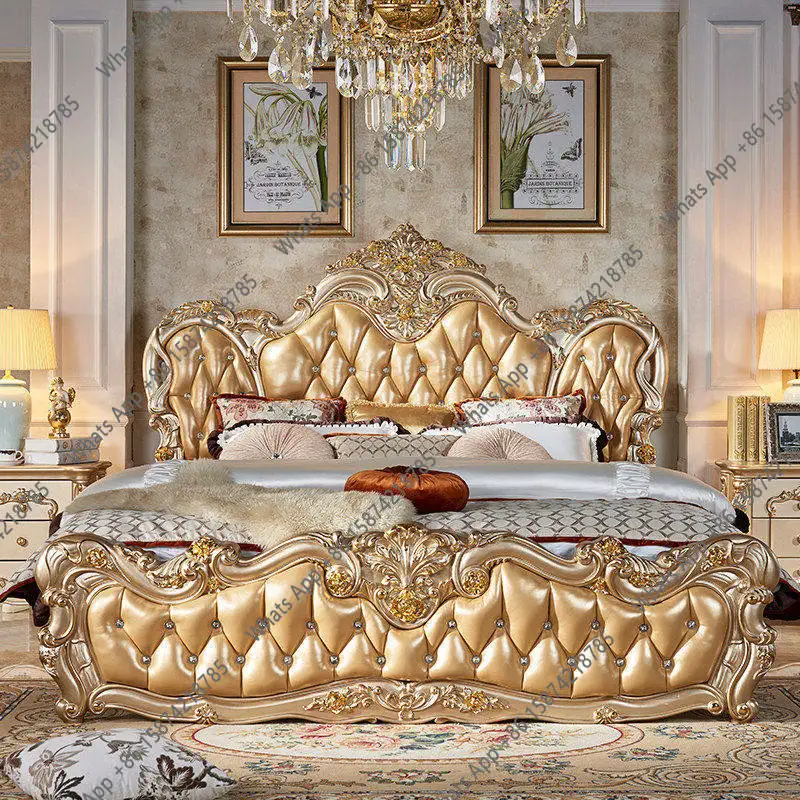 

European double bed master bedroom 2m x 2m 2 wedding bed luxury villa champagne gold engraved storage assembly