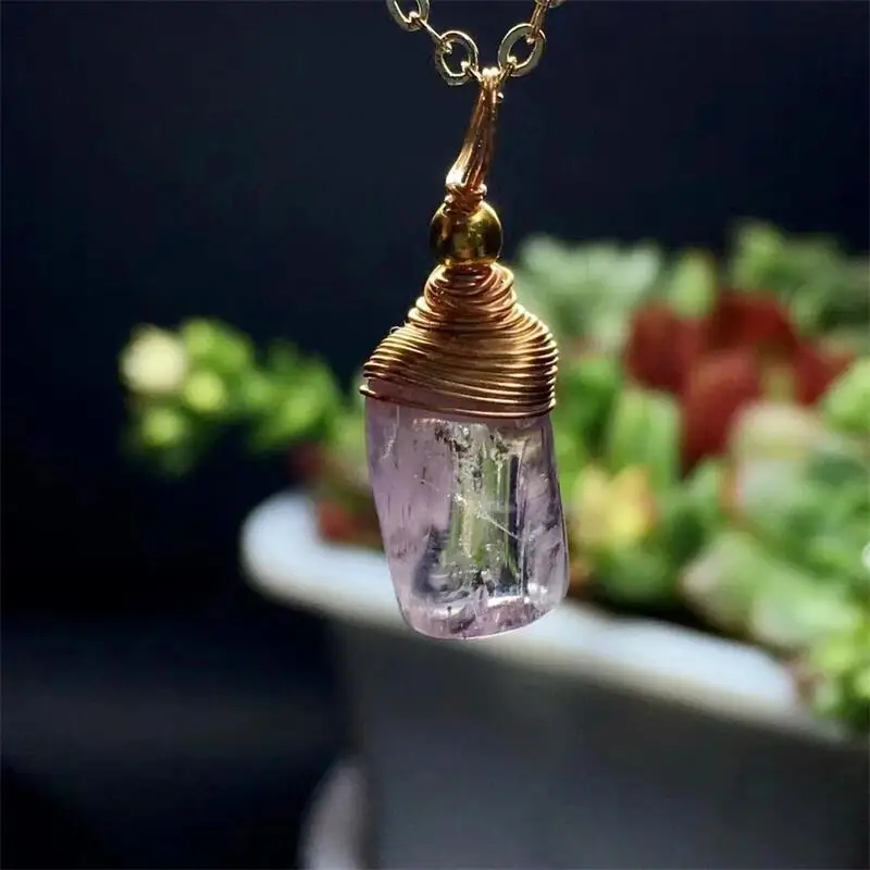 S925 Natural Clear Kunzite Specimen Pendant Fashion Healing Fengshui Crystal Jewelry Holiday Gift 1PCS