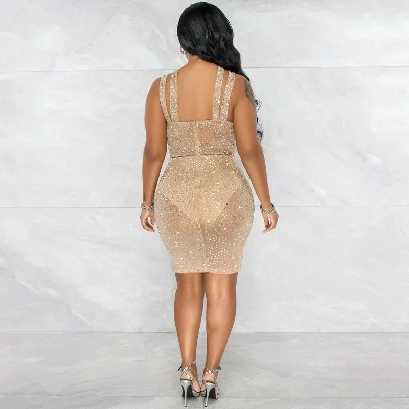 GUWU – robe de soirée courte croisée en maille transparente scintillante, couleur chair, strass, été, pour femmes, découpée, cristal, tenue de soirée, boîte de nuit