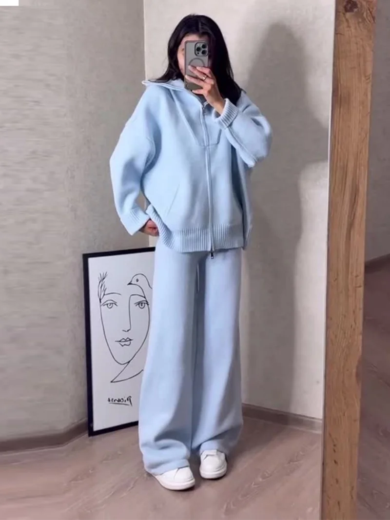 Streetwear Gestrickte 2-teilige Sets Frauen Outfit Herbst Kleidung Frauen Zipper Pullover Top und Hose Sets Lässige Trainingsanzüge Frau Sets