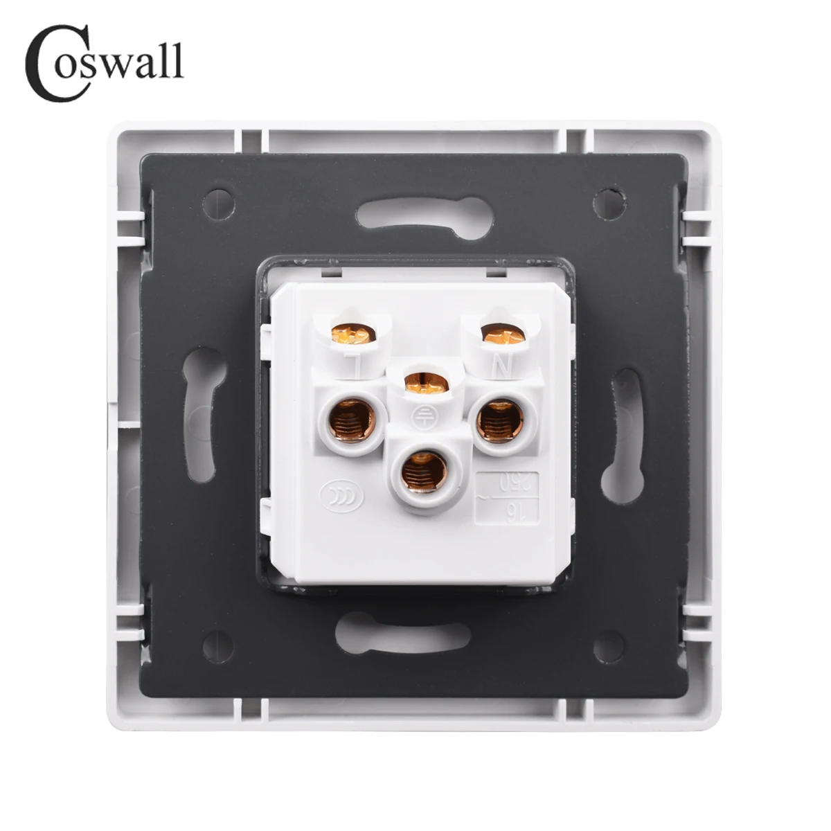 Coswall E45 Series Glass / Plastic Panel Chinese socket Grounded 16A 3 Pin Socket Fit Into European Round Box