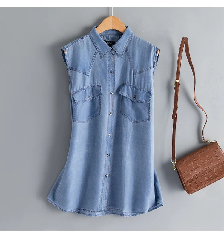 

Новая шелковая джинсовая рубашка без рукавов, женский летний тонкий топ с синими карманами