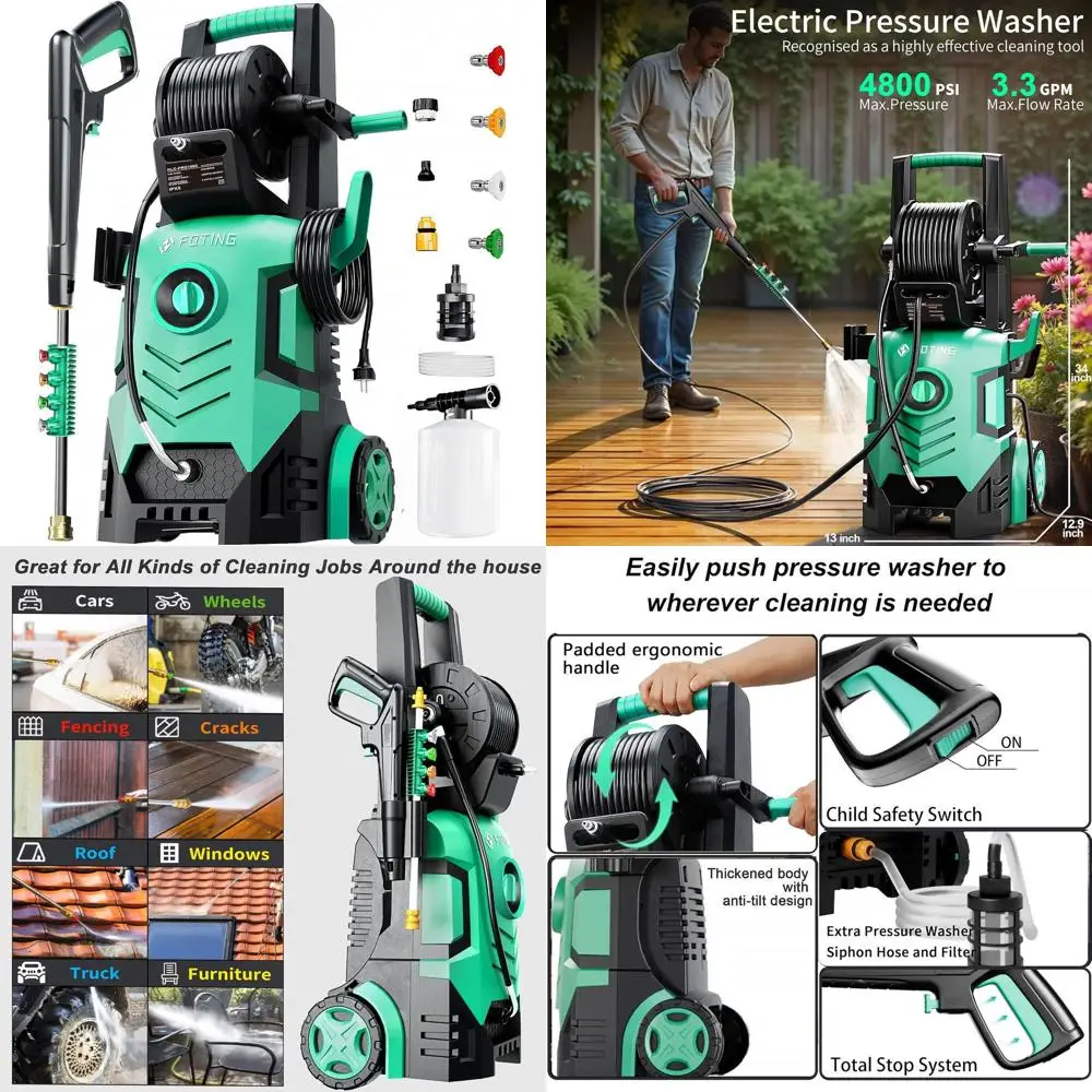 

Мойка высокого давления 4800 фунтов на кв. дюйм, 34 дюйма в высоту, 4 насадки, шланг и фильтр, пенная насадка 500 мл, идеально подходит для автомобилей, подъездных путей, уборки дома, синяя