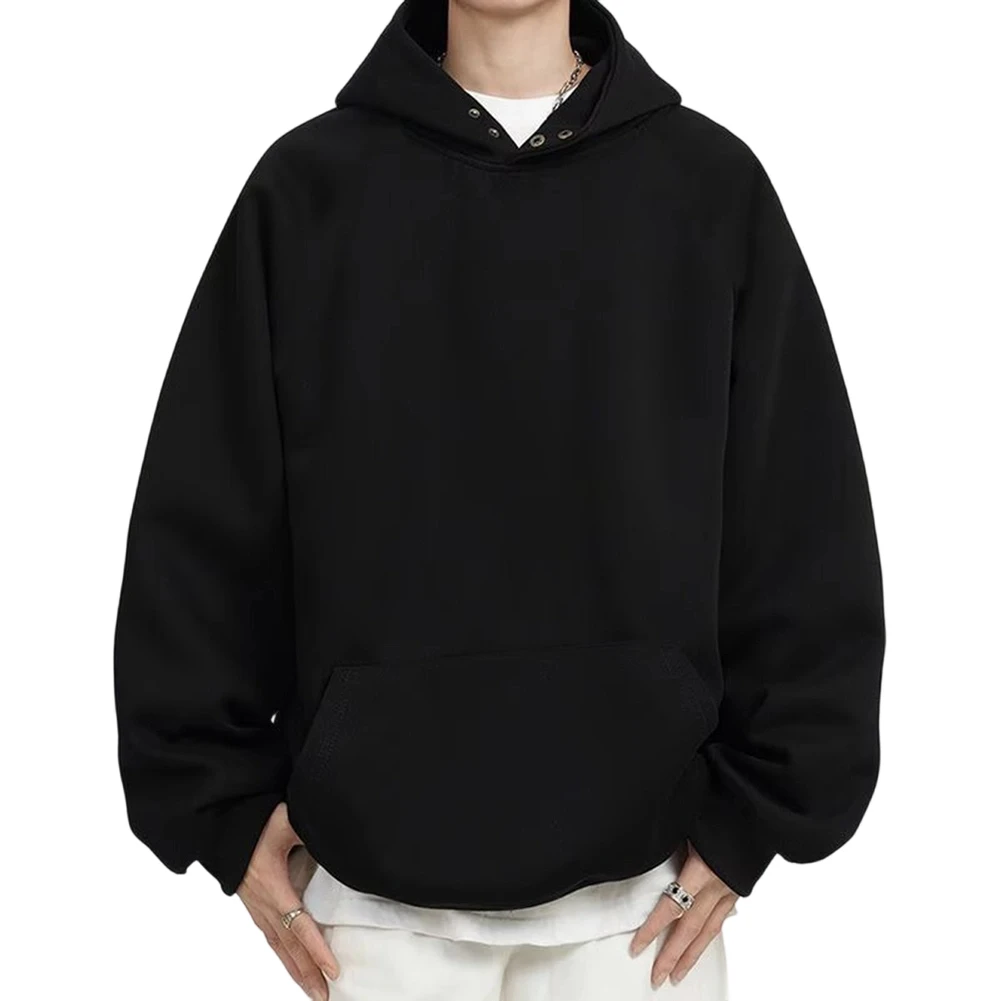 Men\'s Casual Streetwear Hoodie Plush Material Long Sleeve Solid Color Loose Fit Hooded Sweatshirt for Everyday Outdoor Use