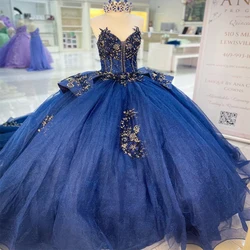 EVLAST Customized Navy Blue Quinceanera Dress Ball Gown Lace Applique Beading Detachable Sleeve Sweet 16 Vestidos 15 Anos TQD762