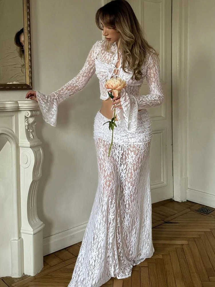 

Jacquard Women Sexy 2 Piece Set Lace Up Crop Tops+Peach Buttocks Long Skirts Matching Midnight Vacation Clubwear Suit