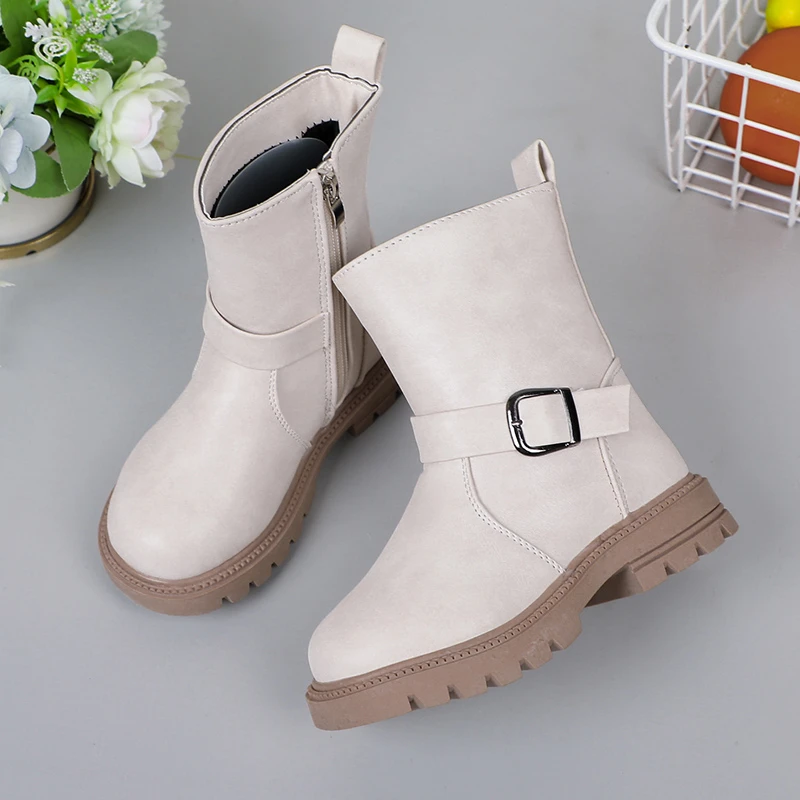 

Children Fashion Girls Boots 2023 New Solid Color Buckle Side Zipper Cute Hook & Loop Black Spring and Autumn Princess Shoes PU