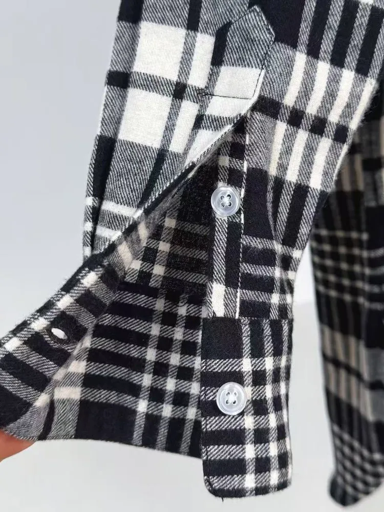 Retro sle solto ajuste longo sve xadrez irt feminino outono faion algodão flanela waed brued tagl irt meninas