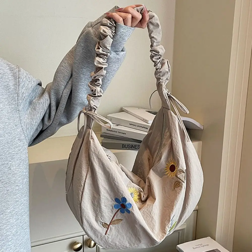 

Нейлоновая сумка для пельменей в корейском стиле, легкая сумка-тоут с цветочной вышивкой на шнурке, однотонная сумка на плечо из ткани Оксфорд