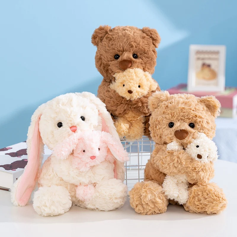 Cute Parent-child Teddy Bear Plush Toy Fluffy Bear& Rabbit Mom Hold Baby Soft Doll Stuffed Animal Plush Kids Toys Birthday Gift