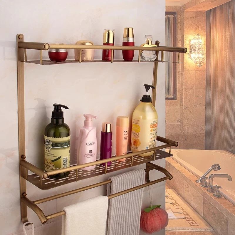 

European bath towel rack antique all copper bathroom rack wall hanging cosmetics storage rack bathroom retro towel rack