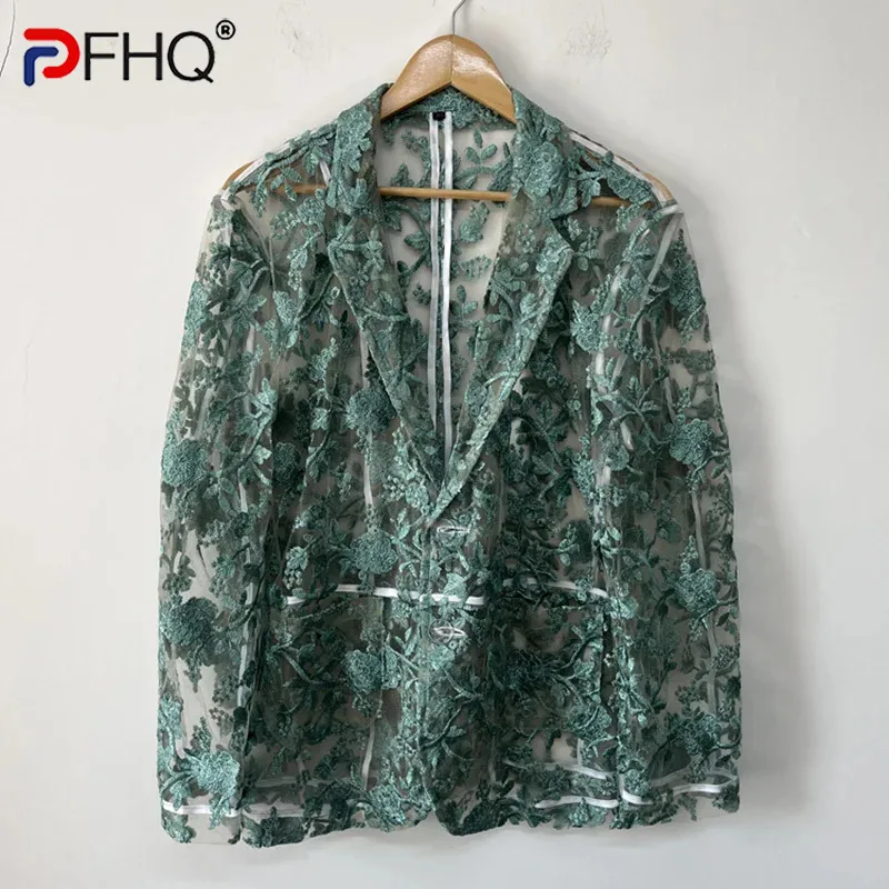 

PFHQ Embroidery Perspective Mesh Male Blazer Tide Summer Breathable Sun Protection Heavy Industry Men's Suit Jackets New 21Z4651