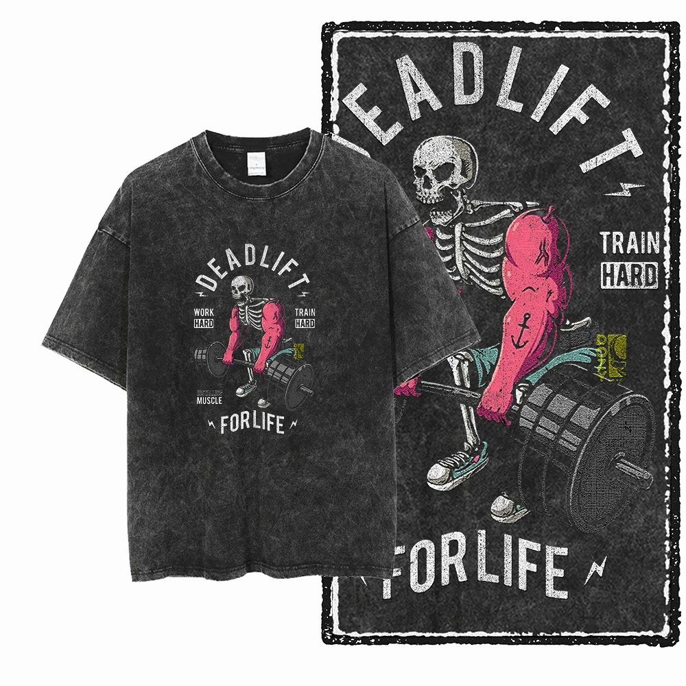 Lot de T-shirts de sport vintage délavés pour hommes – Motif « Brutal Code Deadlift For Life No Pain No Gain » – Coton pour le fitness et le streetwear
