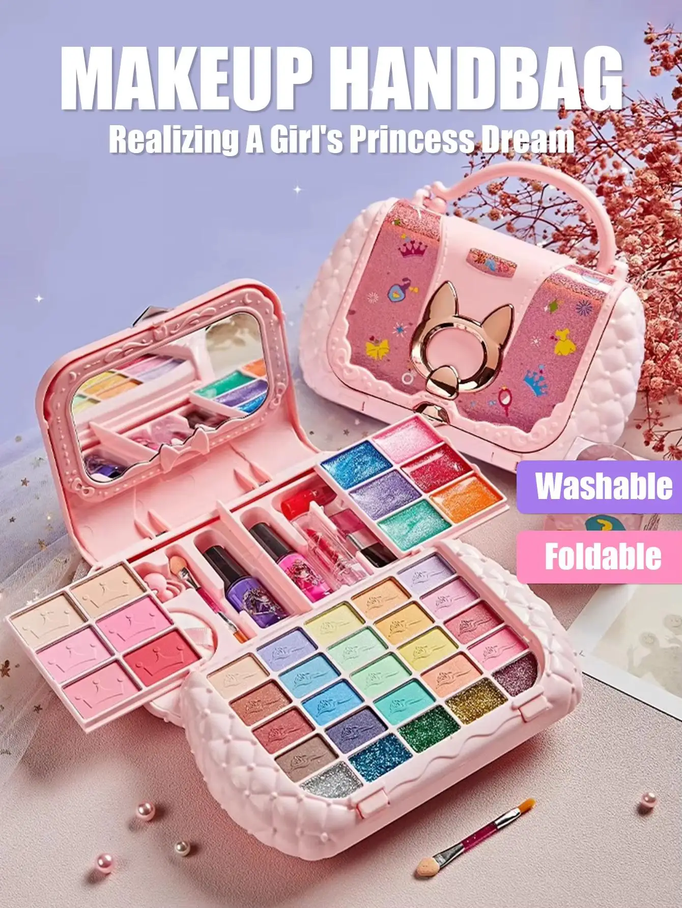 Kinderkosmetik-Set, Mädchenspiegel, Prinzessin, echt waschbar, für Mädchen, Make-up, Kosmetik, Gesicht, Schönheit, Geburtstagsgeschenk