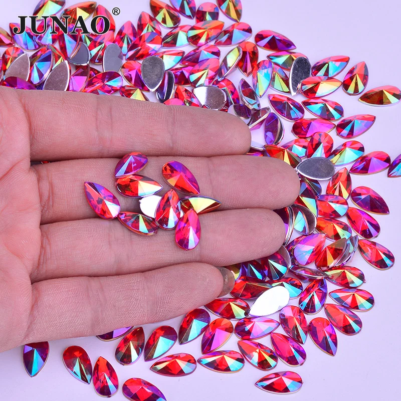 JUNAO 9*18mm 8*13mm Red AB Acrylic Teardrop Rhinestones Flatback Crystals Stones Non Sewing Strass Beads For Dress Decoration