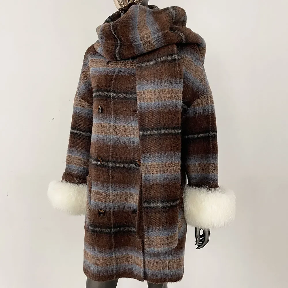 MENINA 2024 Cappotto invernale da donna Polsino in vera pelliccia di volpe naturale Turn-down Giacca in misto lana double face Spessa calda Casual Overwear