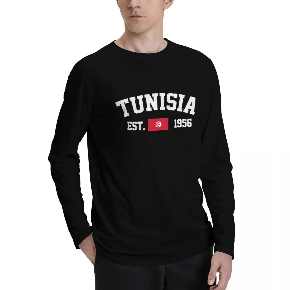 100% Cotton Tunisia Flag With EST. Year Long Sleeve Autumn T shirts Men Women Unisex Clothing LS T-Shirt Tops Tees