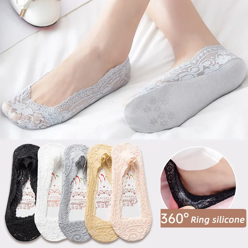 5 Pairs/Lot Women\'s Slippers Socks Invisible Boat Mesh Lace Thin Short Socks Female Summer Ankle Silicone No Show Socks Non-slip