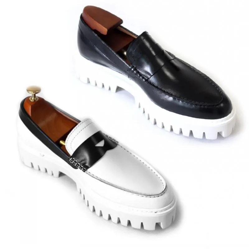 2023 White Black Platform Shoes for men Fashion Thick heel Cow Leather Slip on Driving Loafers Mens Boats