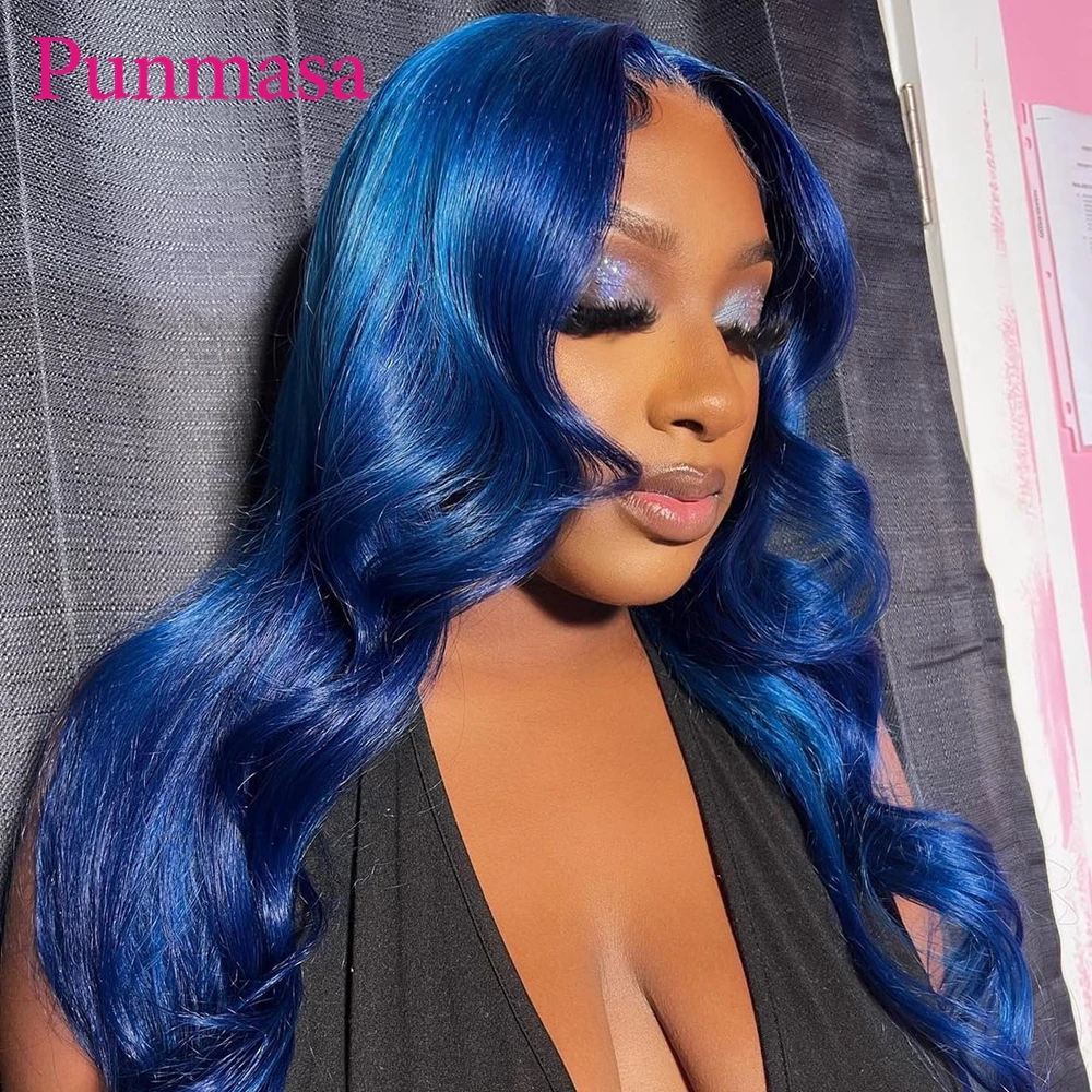 Punmasa 30 Inch Blue Body Wave 13x6 Human Hair Wig Transparent Lace Front Wigs for Black Women PrePlucked 200%  13X4 Frontal Wig