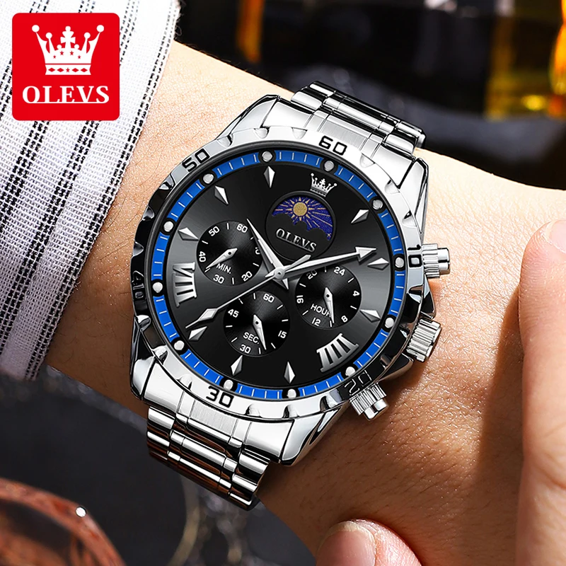 OLEVS Luxury Brand 2949 Men Watch Leather strap Multifunction Chronograph Calendar Moon Phase Quartz Watch for Man