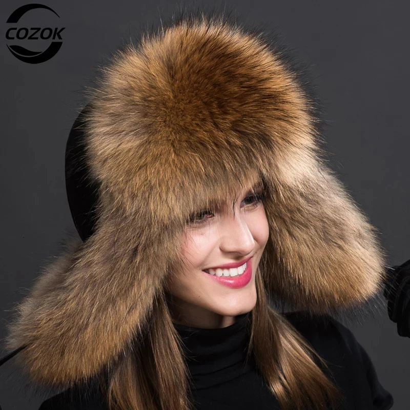 

Women Natural Raccoon Fur Caps Ushanka Hats for Winter Thick Warm Ears Fashion Bomber Pom Pom Hat Lady Real Fox Fur Cap Pompon