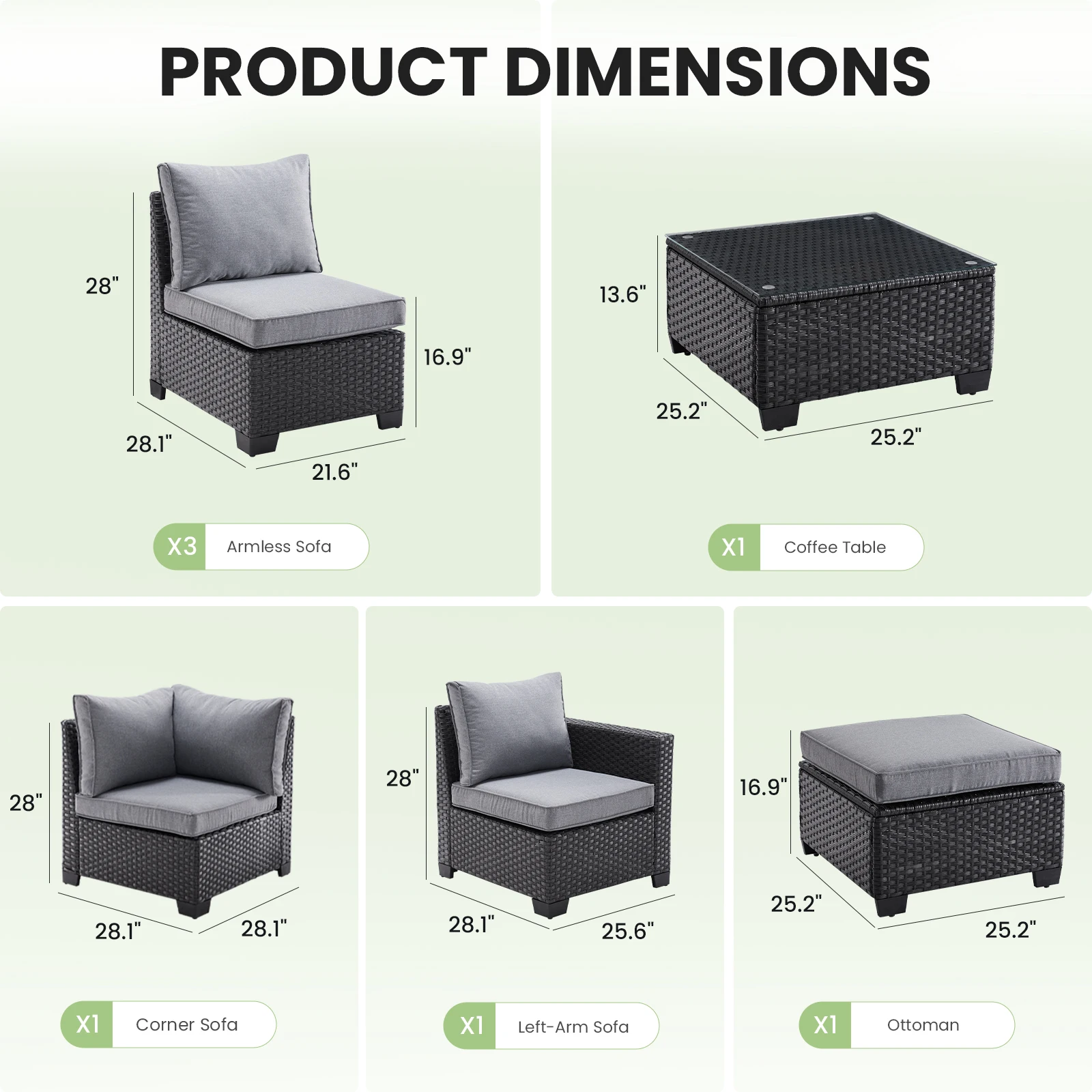 Farini Patio Sectional Sofa Set, Outdoor Furniture with Ottoman, Water/Oil/Stain-Resistant Fabric, Dark Gray Cushion + Gray Wick image 6