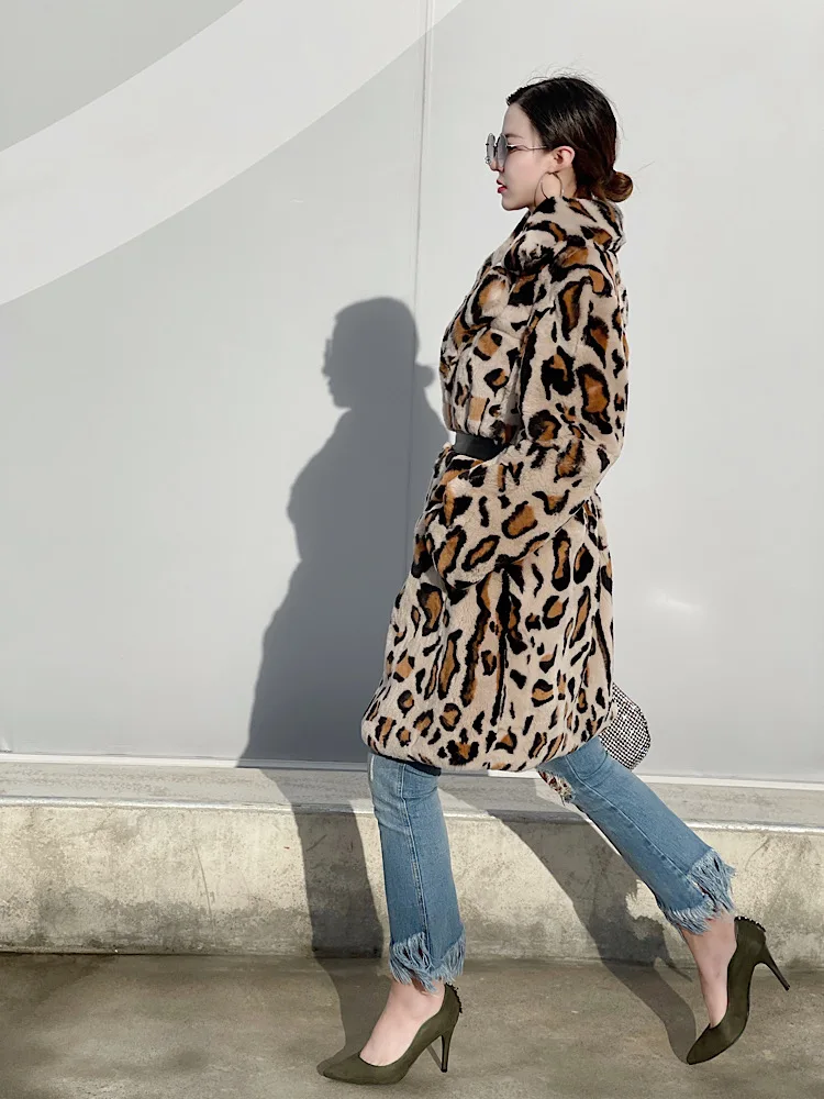 FURSHEHE 2024 Winter Women Natural Rabbit Fur Coat Female Warm Jacket Leopard Pattern Turn-down Collar Long Fashion Overcoat