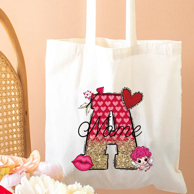Beginletter Aangepaste Naam Vrouwen Tassen Valentijn Handtas voor Vrouwen Canvas Opvouwbare Boodschappentas voor Vriendin Ladys Pouch