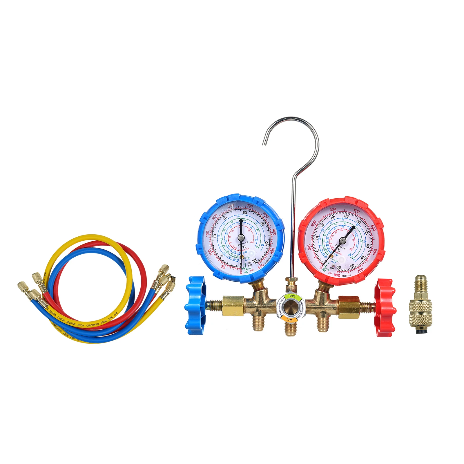 AC Gauges, AC Manifold Gauge Set for R134a R32 R22 R410A, 3 Way Automotive AC Gauge Set with Hoses Adapter