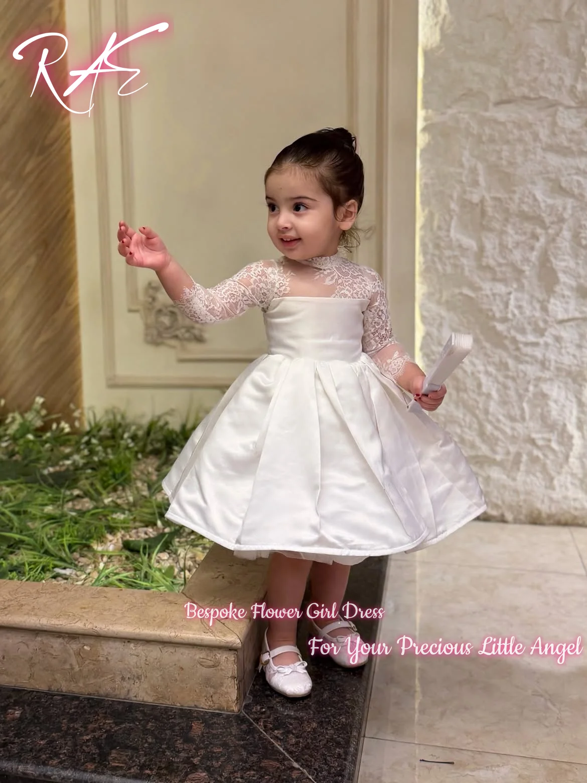 Elegant White Flower Girl Dress For Wedding First Communion Birthday Puffy Short Length Satin Lace Long Sleeve Gowns Customized