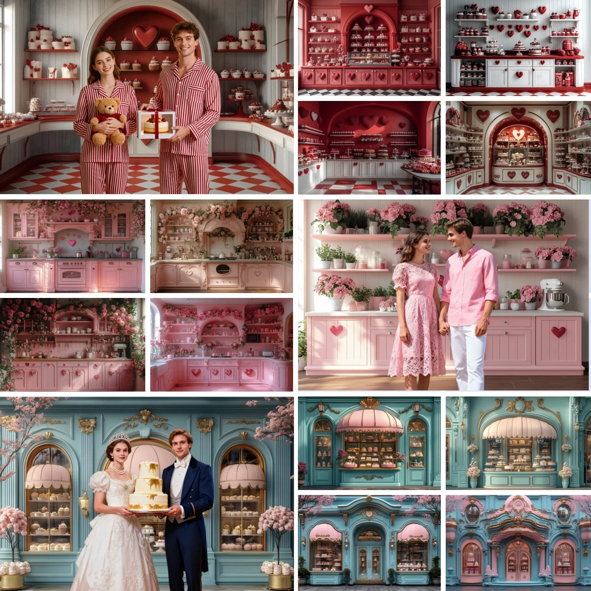 Valentine's Day Dessert Shop Photography Background Kitchen Cafe Cake Love Flowers February 14th Couples Portrait Photo Backdrop